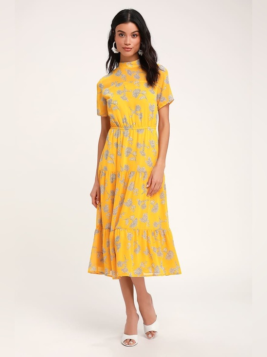 Lulus Dresses & Skirts - Lulus | Floral Dressed Up Mustard Yellow Floral Print Midi Dress, M